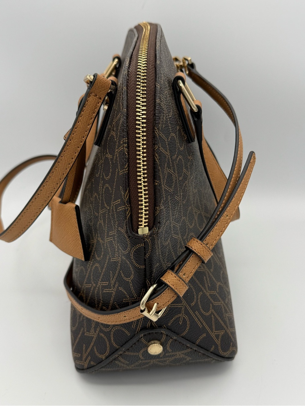 Calvin Klein Signature Dome Satchel- Brown Monogram Pattern with Tan Trim - Picture 2 of 14